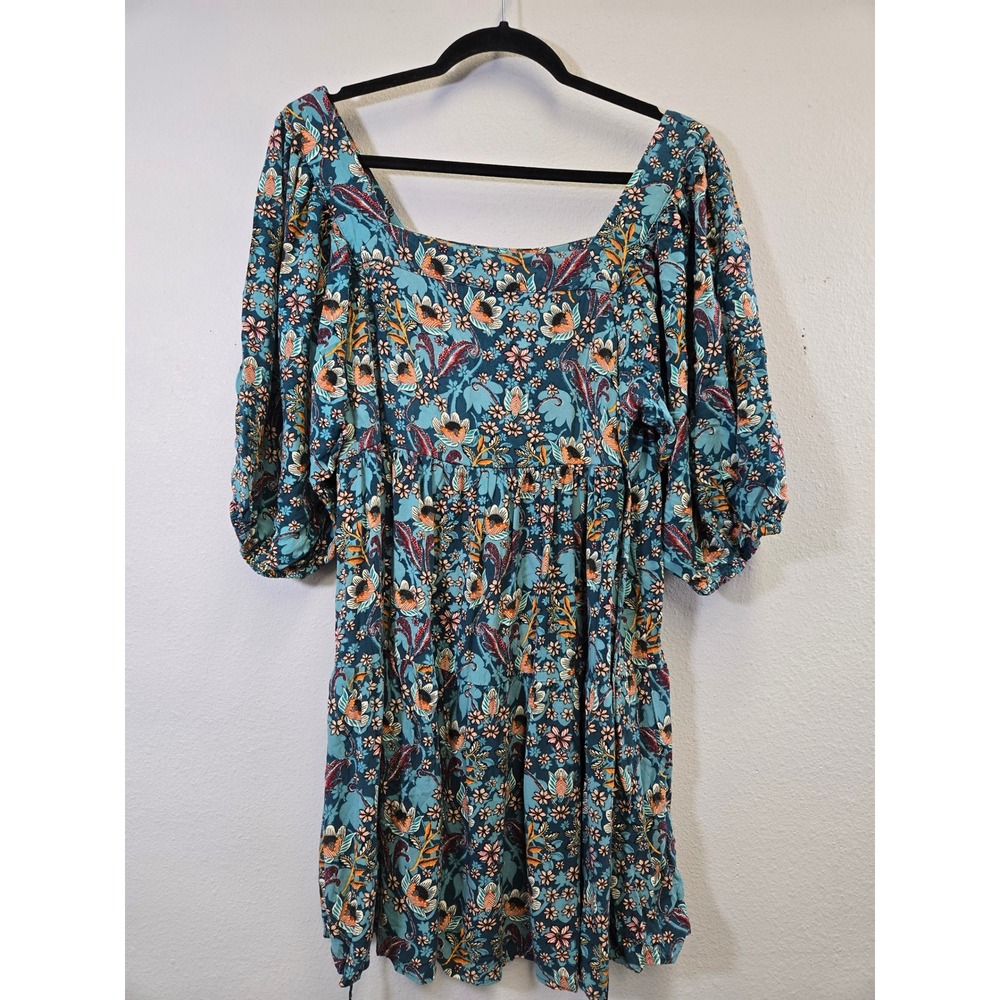 Maurices Floral Boho Puff Sleeve Tiered Mini Dress Teal L